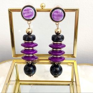 Purple Black Gold Beaded Dangle Earrings